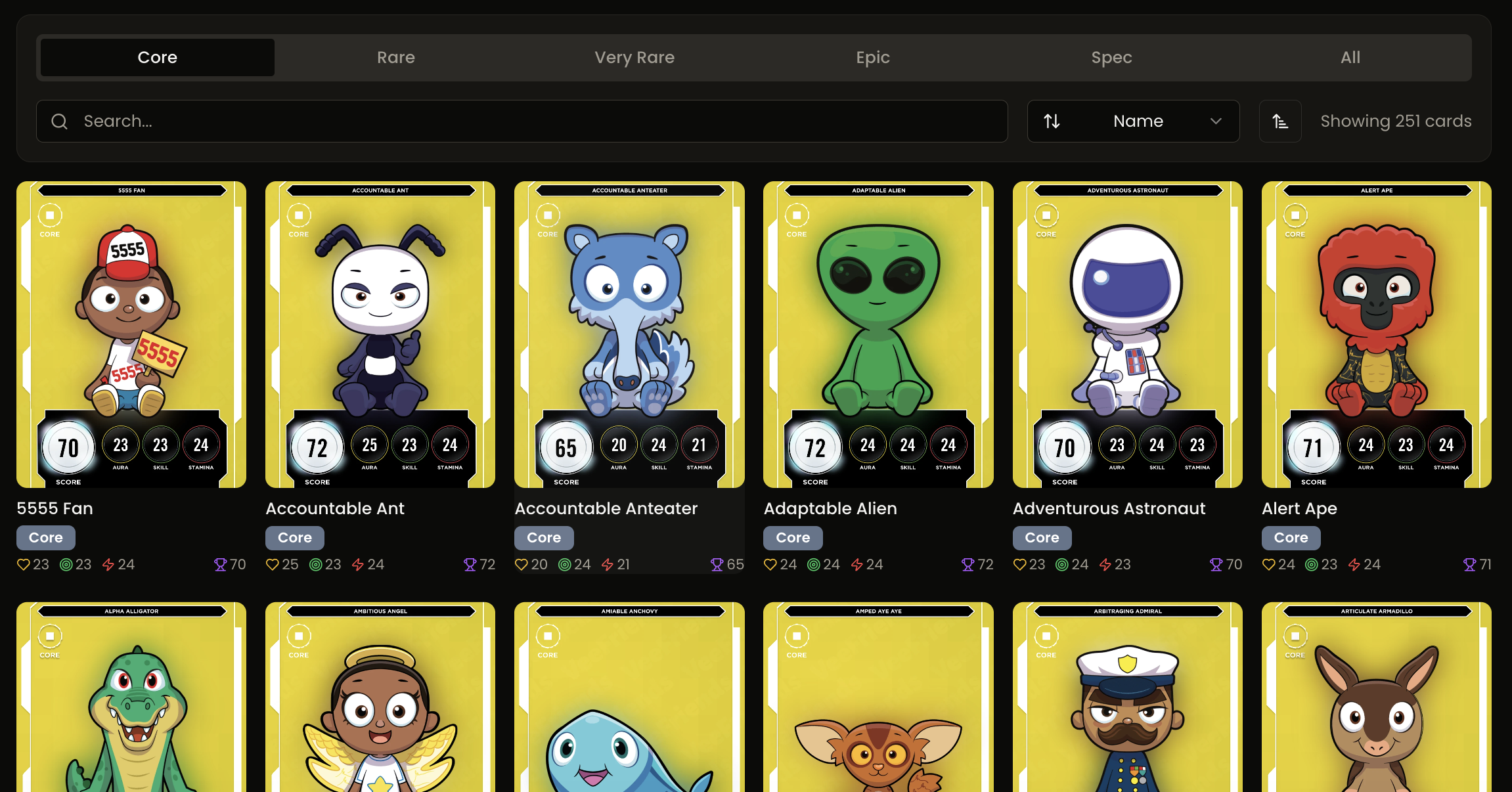 Branded digital card collection browser inside a TurnkeyTCG game client